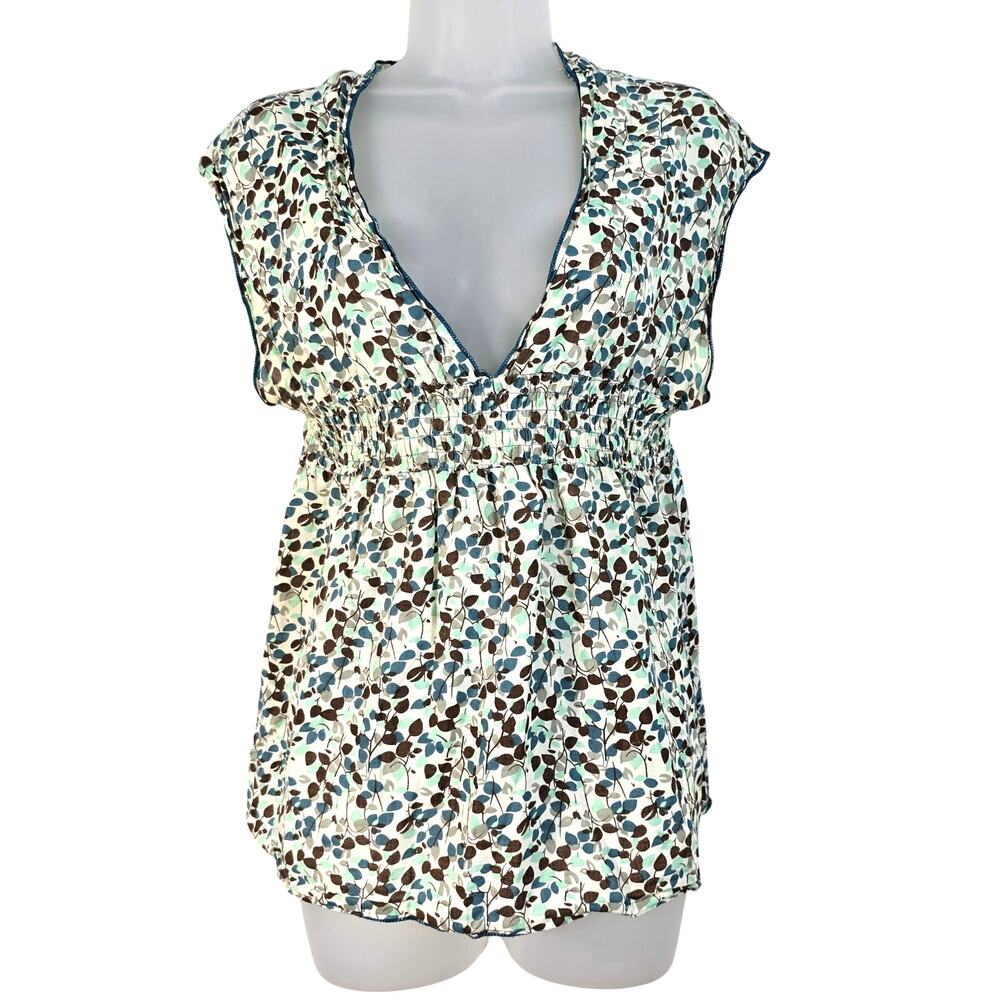 Y2K Urban Behavior Blouse Women's L Blue Brown Leaf Print Smocked Baby Doll